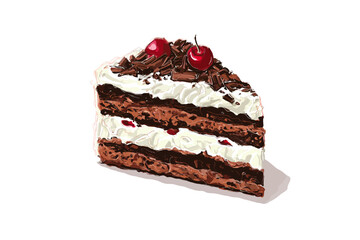 Hand-Drawn Illustration of Delicious Black Forest Cake Slice with Chocolate Shavings and Cherries