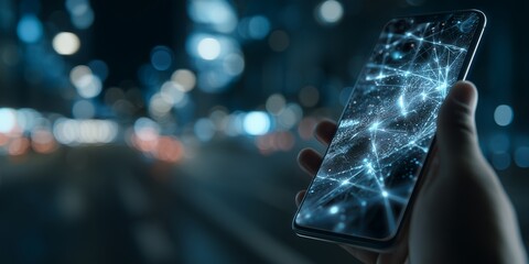 Hand holding smartphone displaying glowing network connection over blurred cityscape, concept for global communication, technological advancement and digital transformation