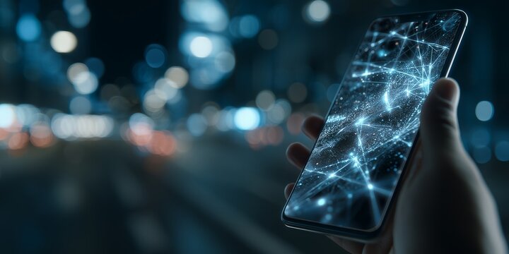 Hand holding smartphone displaying glowing network connection over blurred cityscape, concept for global communication, technological advancement and digital transformation - Powered by Adobe