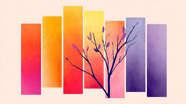 Tree Branch with Buds Against Abstract Watercolor Shapes - Powered by Adobe