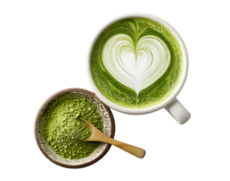 Vibrant Matcha Latte with Heart Latte Art and Powder isolated on transparent background