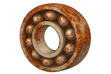 Rusty ball bearing illustration symbolizing wear, breakdown, and old industrial machinery with corrosion and decay