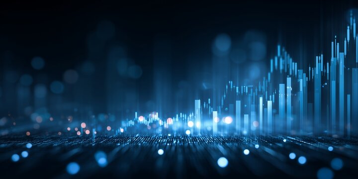Abstract blue glowing stock market chart with uptrend line and bokeh, concept for financial analysis, investment strategy and business forecasting