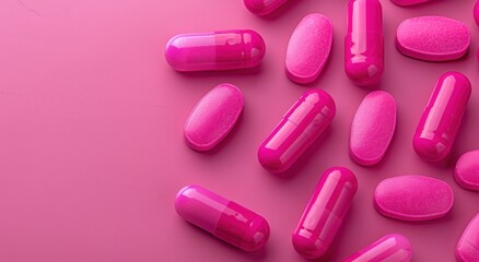Pink Pills and Capsules on Vibrant Pink Background
