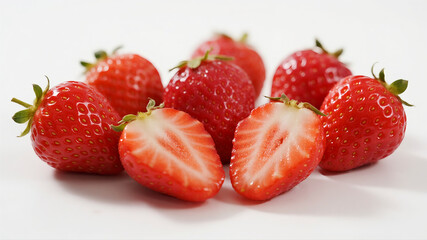 A technically perfect studio photograph shows juicy whole and half-cut strawberries isolated on a pure white background with sharp details and a clipping path