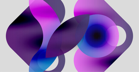 Abstract shapes overlap, creating vibrant purple, blue gradients. Smooth transitions suggest fluid movement, modern design aesthetic.