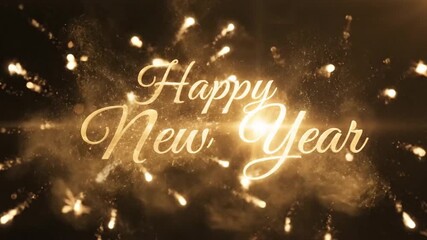 Elegant New Year's Eve celebration animation with sparkling golden particles and festive calligraphy on a dark background, perfect for holiday greetings