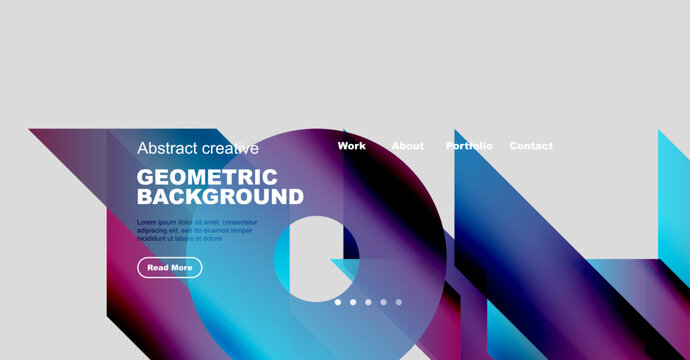 Website mockup displays abstract geometric background. Navigation includes work, about, portfolio, contact options. Red button visible.