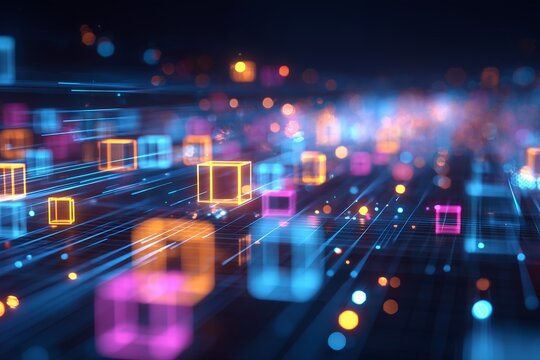 Abstract glowing cubes and lines on a dark background, concept for data visualization, artificial intelligence and blockchain technology
