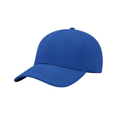 Fototapeta premium A single, unbranded, vibrant royal blue baseball cap with a subtly curved brim, isolated against a pristine transparent studio background, concept of potential and modern professional identity