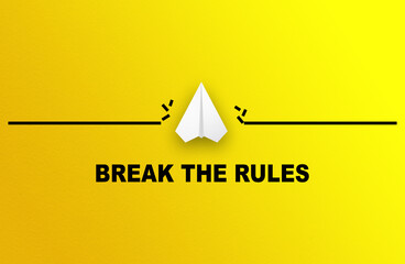 Break the rules concept with paper plane on yellow background
