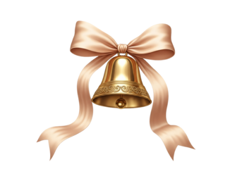Elegant golden bell with a soft peach bow, perfect for holiday greetings, Christmas celebrations, or adding a touch of classic charm to your seasonal designs, a symbol of joy and goodwill