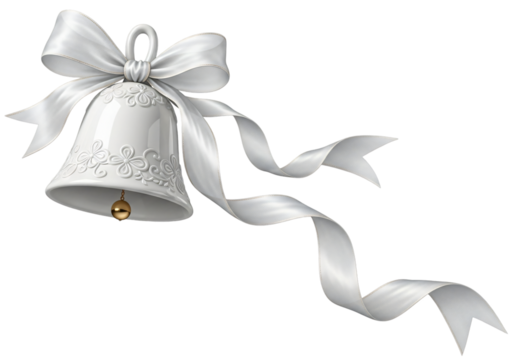 Elegant white wedding bell with flowing ribbon, perfect for invitations, announcements, and celebratory designs, adding a touch of classic charm and festive spirit to your projects