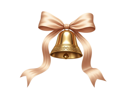 Elegant golden bell with a soft peach bow, perfect for holiday greetings, Christmas celebrations, or adding a touch of classic charm to your seasonal designs, a symbol of joy and goodwill