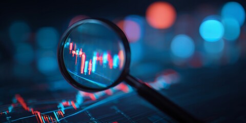 Close-up of a magnifying glass over a stock market chart with red and blue lines candlestick, concept for financial analysis, investment strategy and data visualization