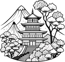 Japanese cherry blossom festival, spring coloring book vector, line art vector line art , black and white