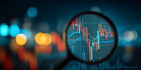 Magnifying glass focusing on a stock market chart with red and blue lines candlestick against a blurry background, concept for investment analysis, financial forecasting and economic trend review