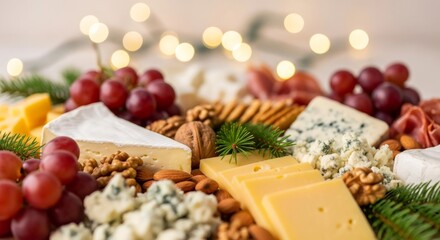 festive holiday cheese board with variety of cheeses, grapes, nuts, and crackers, decorated for Christmas and New Year celebration. bokeh lights.