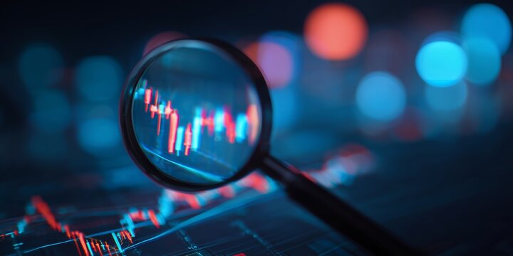 Close-up of a magnifying glass over a stock market chart with red and blue lines candlestick, concept for financial analysis, investment strategy and data visualization