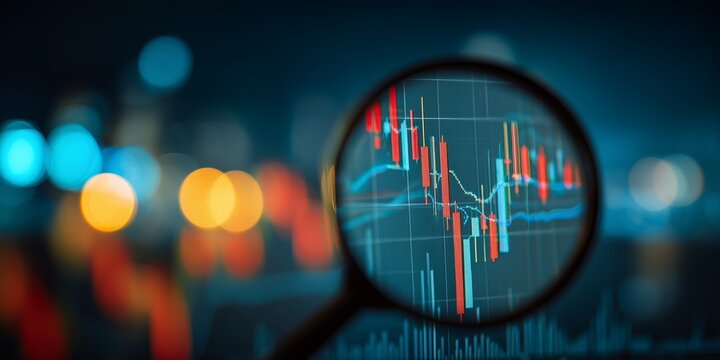 Magnifying glass focusing on a stock market chart with red and blue lines candlestick against a blurry background, concept for investment analysis, financial forecasting and economic trend review