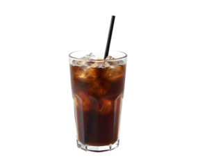 Iced cold brew with a black straw set against a white backdrop.
