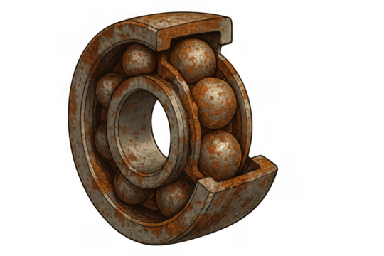 Rusty ball bearing cutaway showing aged worn industrial machine part, depicting mechanical failure or maintenance requirement