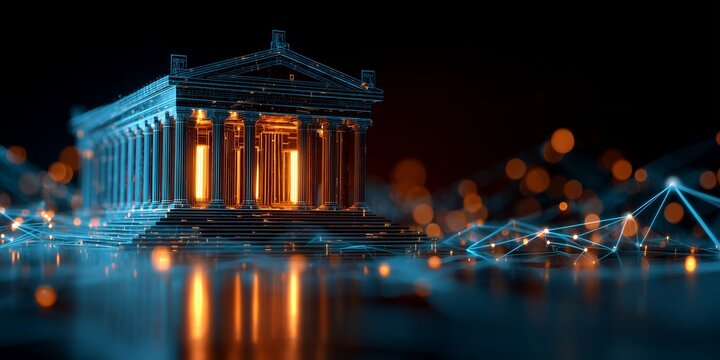 Digital rendering of a classical building illuminated with glowing lights on a reflective surface, concept for architectural visualization, financial technology and virtual museum