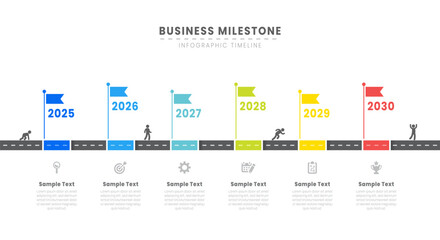 Business infographic roadmap timeline with 6 milestones elements, Important Events annual business presentation vector.
