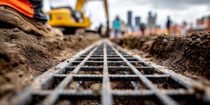 Close-up of metal drainage grate on a construction site with excavator and city skyline in background, concept for infrastructure development, urban planning and civil engineering
