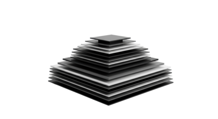 Minimalist abstract geometric shapes in layered deep grey and black tones, set against a transparent studio background with soft high-key lighting, concept of organized complexity