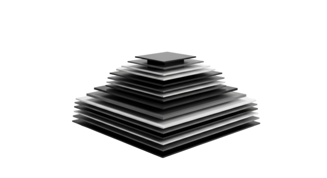 Minimalist abstract geometric shapes in layered deep grey and black tones, set against a transparent studio background with soft high-key lighting, concept of organized complexity