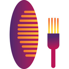 Abstract Oval Shape with Horizontal Stripes Next to a Fork Icon Featuring a Gradient of Purple to Orange Colors Against a Transparent Background