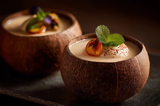 Vegan Thai coconut pudding dessert, served in coconut shell, elegant fine dining style
