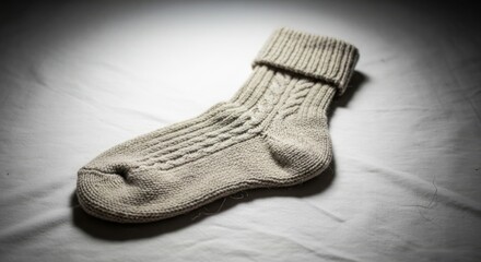 Knitted wool sock with intricate cable pattern and ribbed cuff resting on a soft textured surface, cozy footwear for winter warmth. illustration