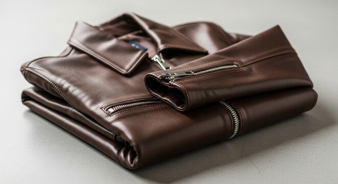 Stylish brown leather jacket folded neatly on a light background, showcasing its texture, silver zippers, and classic design for fashion and apparel illustration - Powered by Adobe