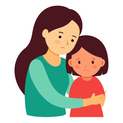 Mom supports her daughter. Loving mother comforting her sad young daughter vector on white background.