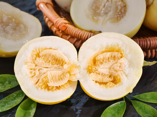 Fresh Honeydew Melon Halves with Honey Dipper - Natural Sweet Fruit Display