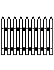A black and white illustration depicts a picket fence, showcasing vertical wooden planks and horizontal supports. Small circles mark the screw placements