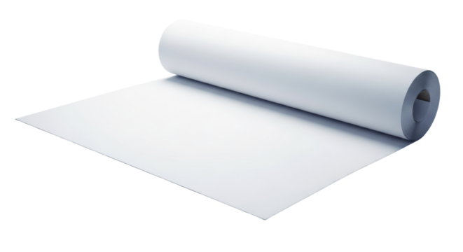 A large transparent paper roll partially unrolled, revealing a blank, smooth, gently curving surface on a minimalist very light grey studio background, concept of new beginnings