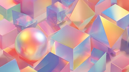 Holographic geometric 3D shapes, gradient pastel colors