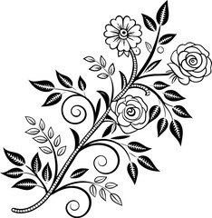 A detailed, symmetrical floral embroidery design is centered against a stark white background. The design is comprised of delicate, interconnected floral and foliage elements, primarily in the form of