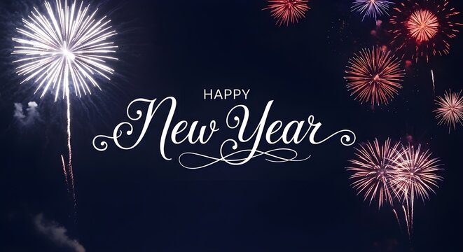 Bright and colorful fireworks explode in the night sky celebrating a happy new year with elegant typography