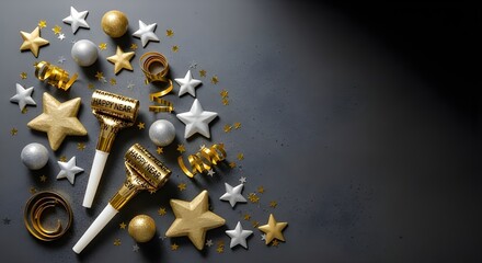 Festive new year s eve party decorations with gold and silver stars and noisemakers arranged on a dark background