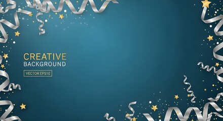 Festive dark blue background with swirling silver ribbons and golden confetti for celebrations and events