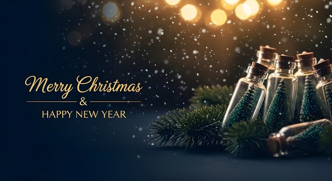 Sparkling champagne bottles with bokeh lights and christmas tree branches for festive celebration