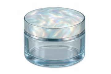 Glass cosmetic jar with iridescent mother of pearl lid, a luxurious container for skincare and beauty products, transparent background