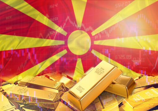 Gold bars on North Macedonia flag in background. Gold bars stacked on Macedonian flag. Concept of North Macedonia gold reserves