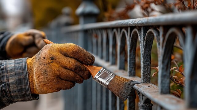 A man in gloves uses a brush to paint a metal fence black.  He updates the external fence.  Someone works on exterior housing projects and home renovations.