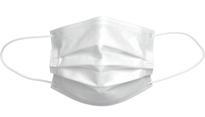 A close-up front view of a white, pleated, disposable face covering with elastic ear loops. It's clean and brightly lit