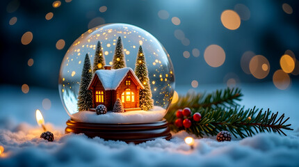  snow globe with glowing wooden cabin, snowy pine trees.